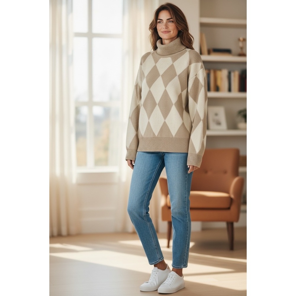 EMERY ROSE Tan Cream Argyle‎ Diamond Pattern Turtleneck Sweater Women's Size L